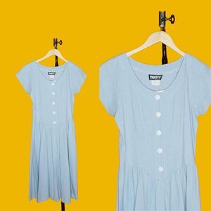 1970s-1980s TICKETS CALIFORNIA Chambray Drop Waist Button Bodice Midi Dress XS-s